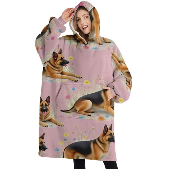Oversized Wearable Blanket Hoodie,German Shepherd Sherpa Blanket Hoodie with Super Pockets,Super Warm Fuzzy Pullover for Women & Men