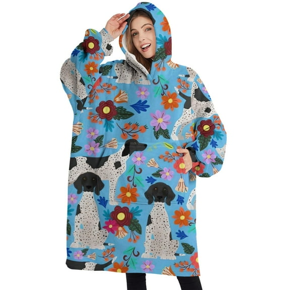 Oversized Wearable Blanket Hoodie,German Shorthaired Pointer Dog and Flower Sherpa Blanket Hoodie with Super Pockets,Super Warm Fuzzy Pullover for Women & Men