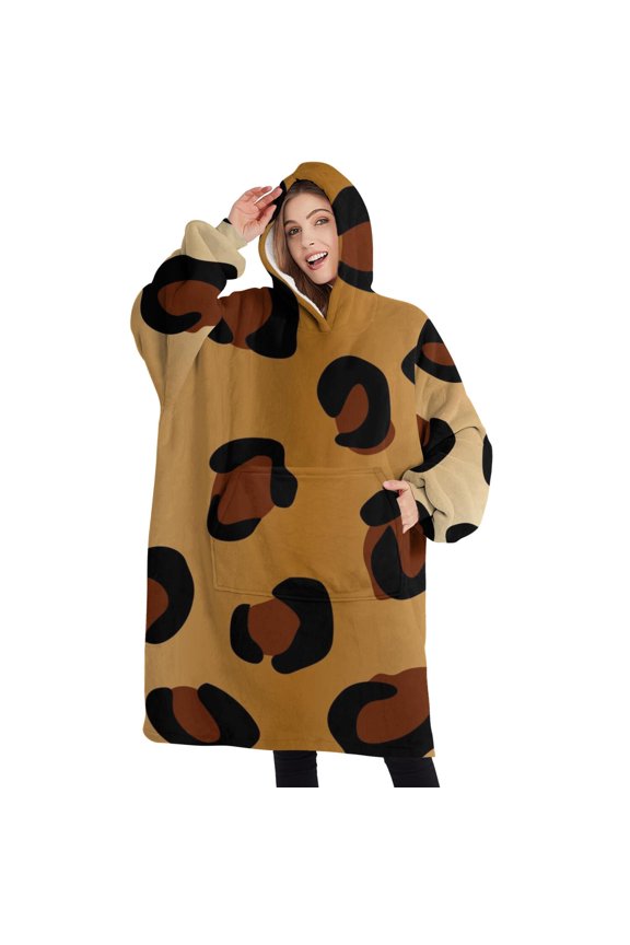 Oversized Wearable Blanket Hoodie,Gold and Brown Of Leopard Print Sherpa Blanket Hoodie with Super Pockets,Super Warm Fuzzy Pullover for Women & Men