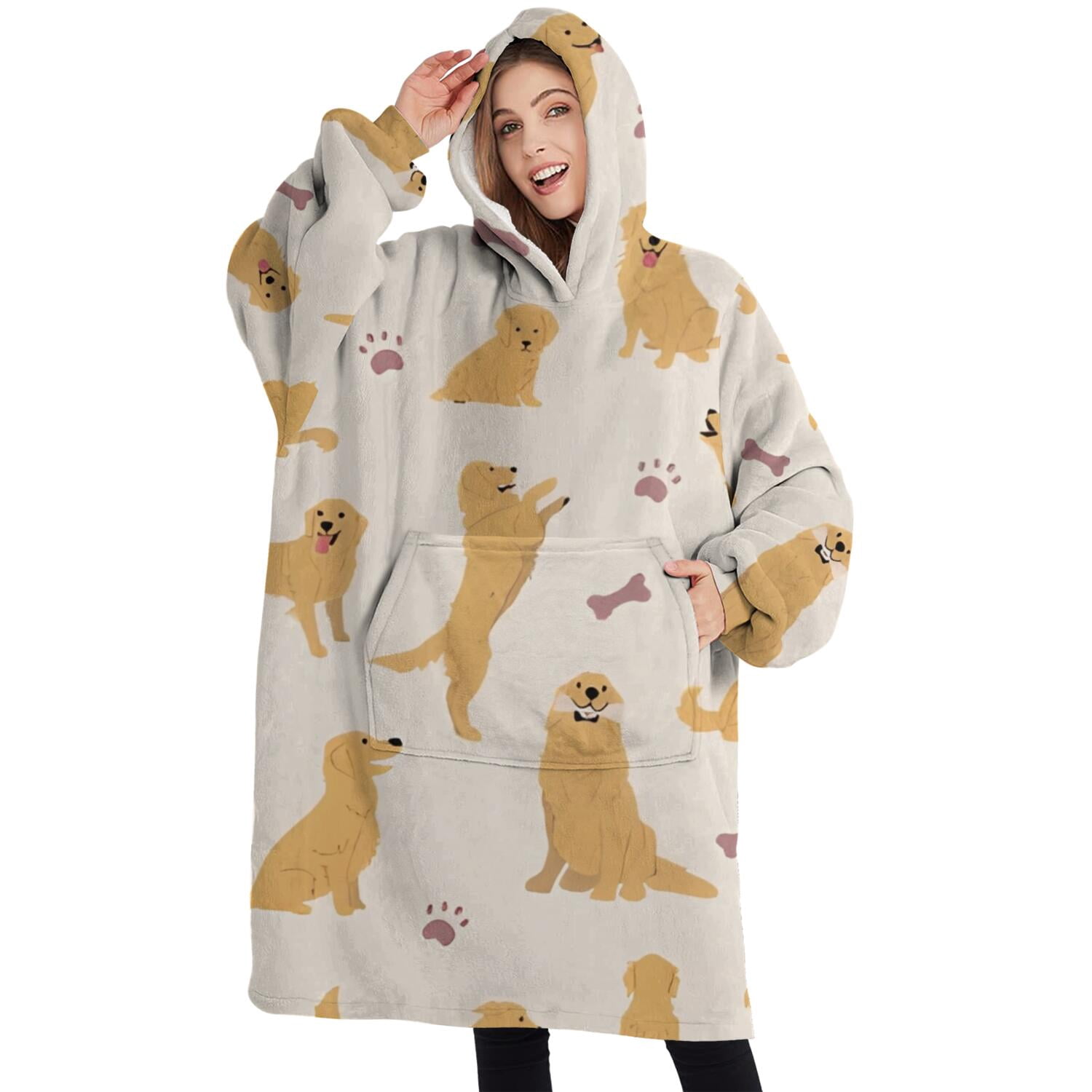 Oversized Wearable Blanket Hoodie,Golden Retriever with Bones and Paws Sherpa Blanket Hoodie with Super Pockets,Super Warm Fuzzy Pullover for Women & Men
