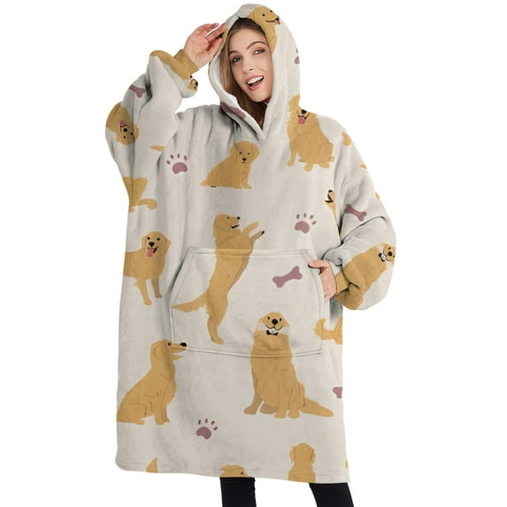 Oversized Wearable Blanket Hoodie,Golden Retriever with Bones and Paws Sherpa Blanket Hoodie with Super Pockets,Super Warm Fuzzy Pullover for Women & Men