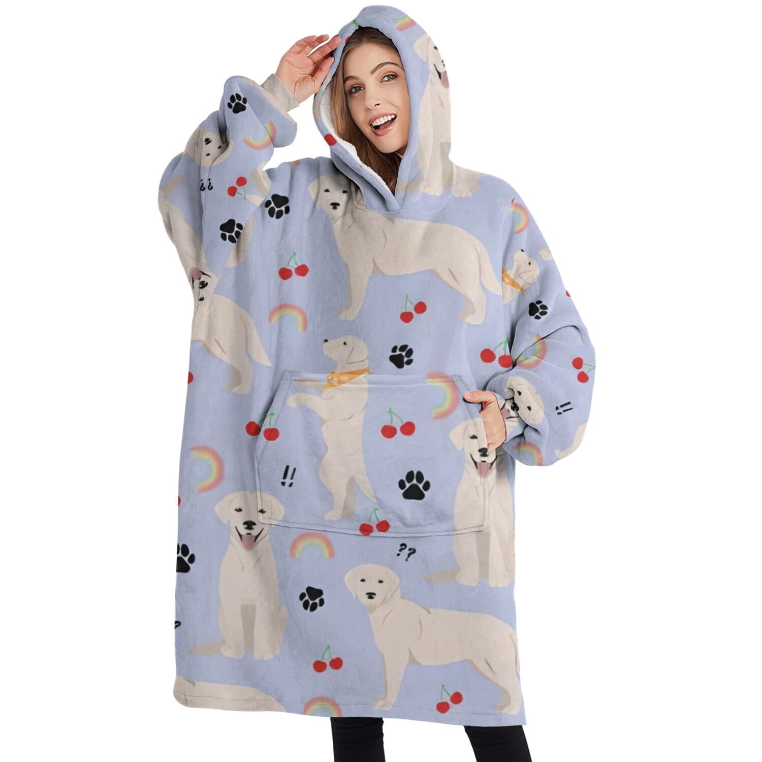 Oversized Wearable Blanket Hoodie,Golden Retriever Dog with Cherry and Rainbow Sherpa Blanket Hoodie with Super Pockets,Super Warm Fuzzy Pullover for Women & Men