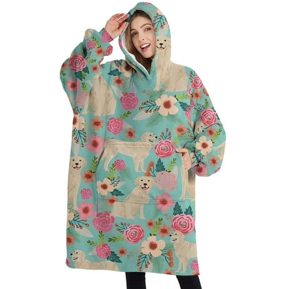 Oversized Wearable Blanket Hoodie,Golden Retriever Dog and Flowers Sherpa Blanket Hoodie with Super Pockets,Super Warm Fuzzy Pullover for Women & Men