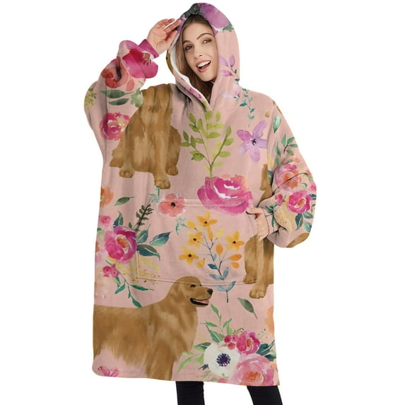 Oversized Wearable Blanket Hoodie,Golden Retriever with Flowers Sherpa Blanket Hoodie with Super Pockets,Super Warm Fuzzy Pullover for Women & Men