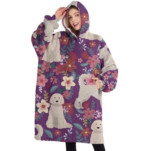 Oversized Wearable Blanket Hoodie,Goldendoodle Dog and Flower Floral Sherpa Blanket Hoodie with Super Pockets,Super Warm Fuzzy Pullover for Women & Men