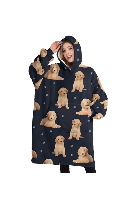 Oversized Wearable Blanket Hoodie,Goldendoodle Dog Sherpa Blanket Hoodie with Super Pockets,Super Warm Fuzzy Pullover for Women & Men