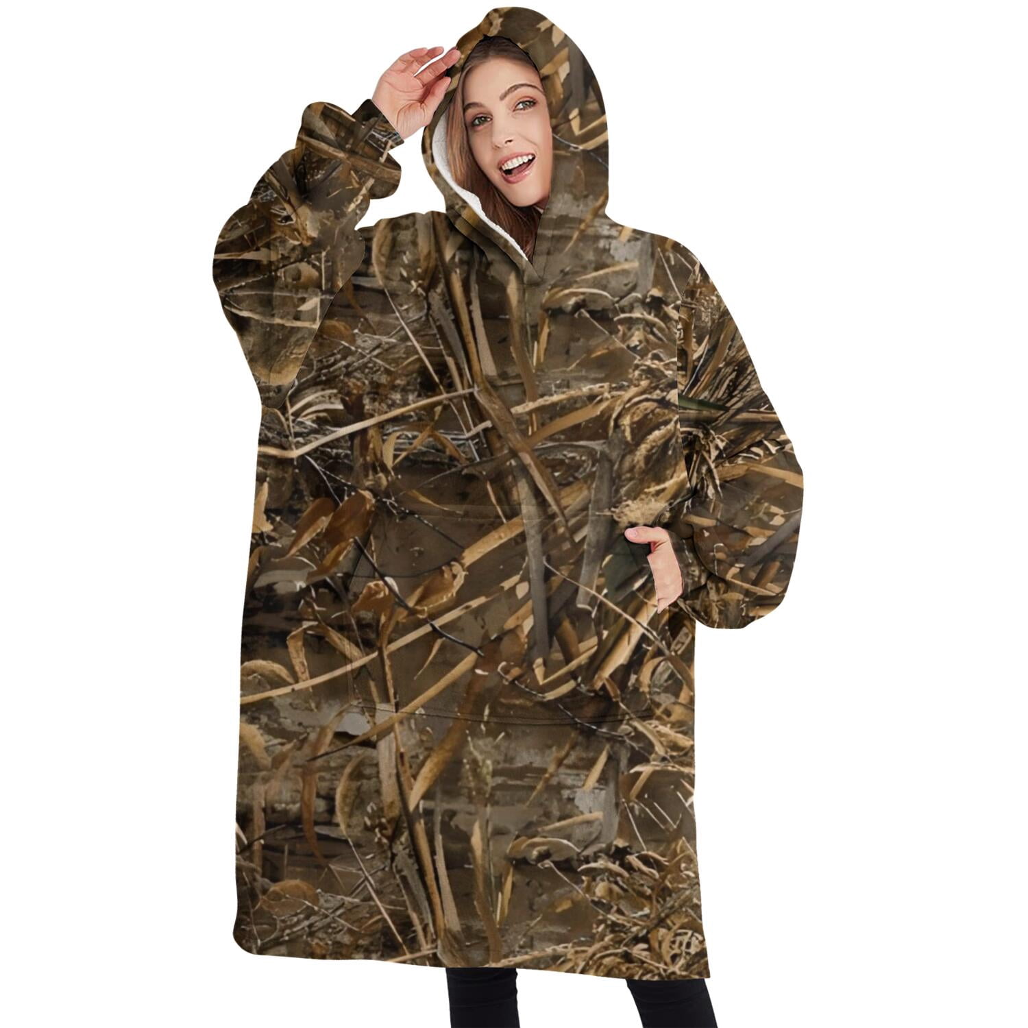 Oversized Wearable Blanket Hoodie,Grassland Camo Brown Plants Pattern Sherpa Blanket Hoodie with Super Pockets,Super Warm Fuzzy Pullover for Women & Men