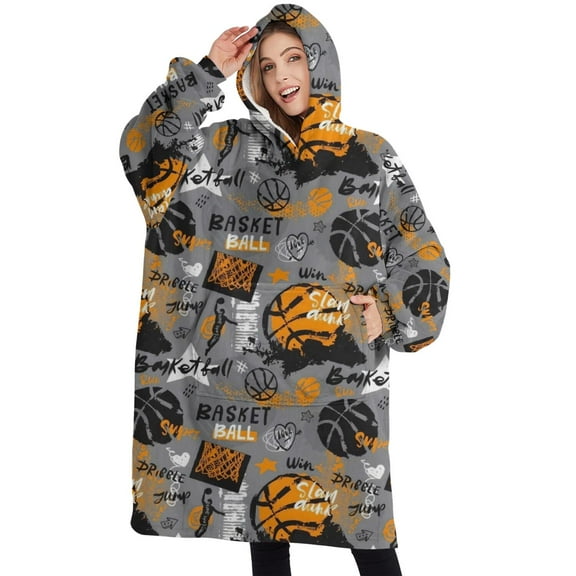 Oversized Wearable Blanket Hoodie,Gray Background Basketball Elements Pattern Sherpa Blanket Hoodie with Super Pockets,Super Warm Fuzzy Pullover for Women & Men