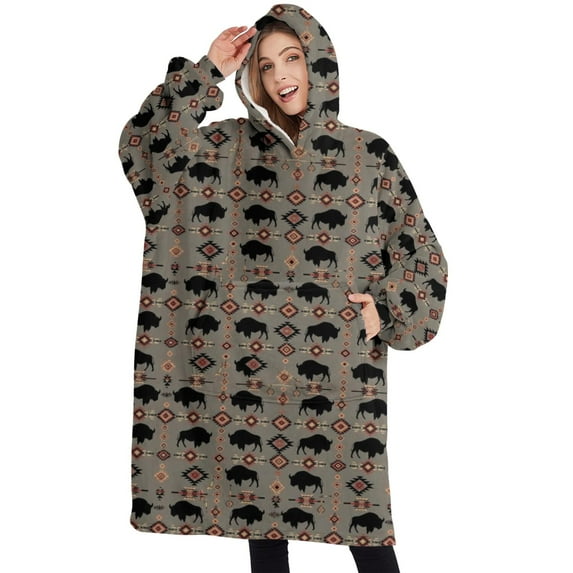 Oversized Wearable Blanket Hoodie,Gray Buffalo Geometric Pattern Sherpa Blanket Hoodie with Super Pockets,Super Warm Fuzzy Pullover for Women & Men