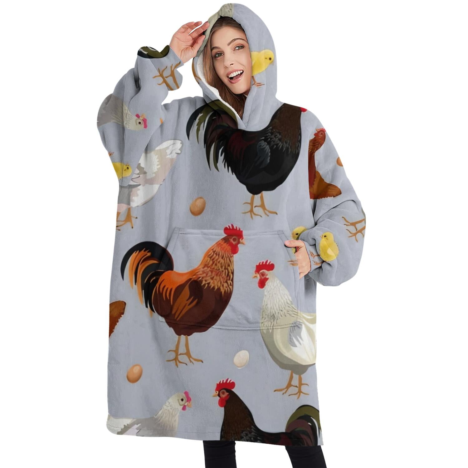 Oversized Wearable Blanket Hoodie,Gray Chicken Chick Egg Pattern Sherpa Blanket Hoodie with Super Pockets,Super Warm Fuzzy Pullover for Women & Men