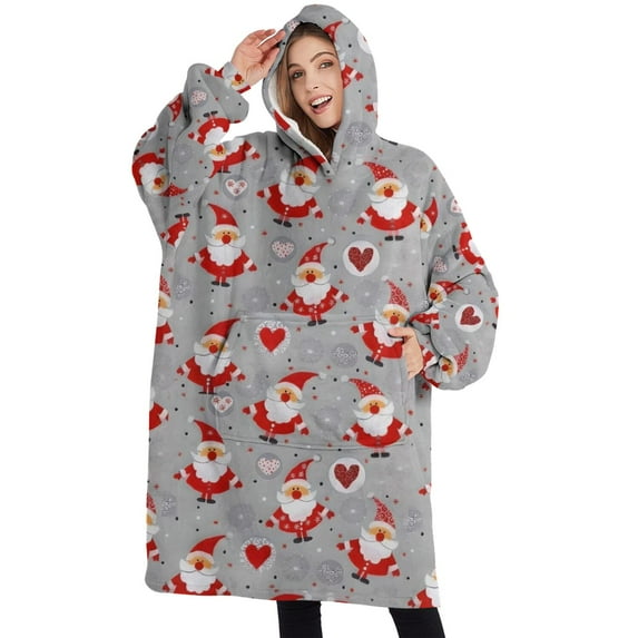 Oversized Wearable Blanket Hoodie,Gray Christmas Santa Pattern Sherpa Blanket Hoodie with Super Pockets,Super Warm Fuzzy Pullover for Women & Men