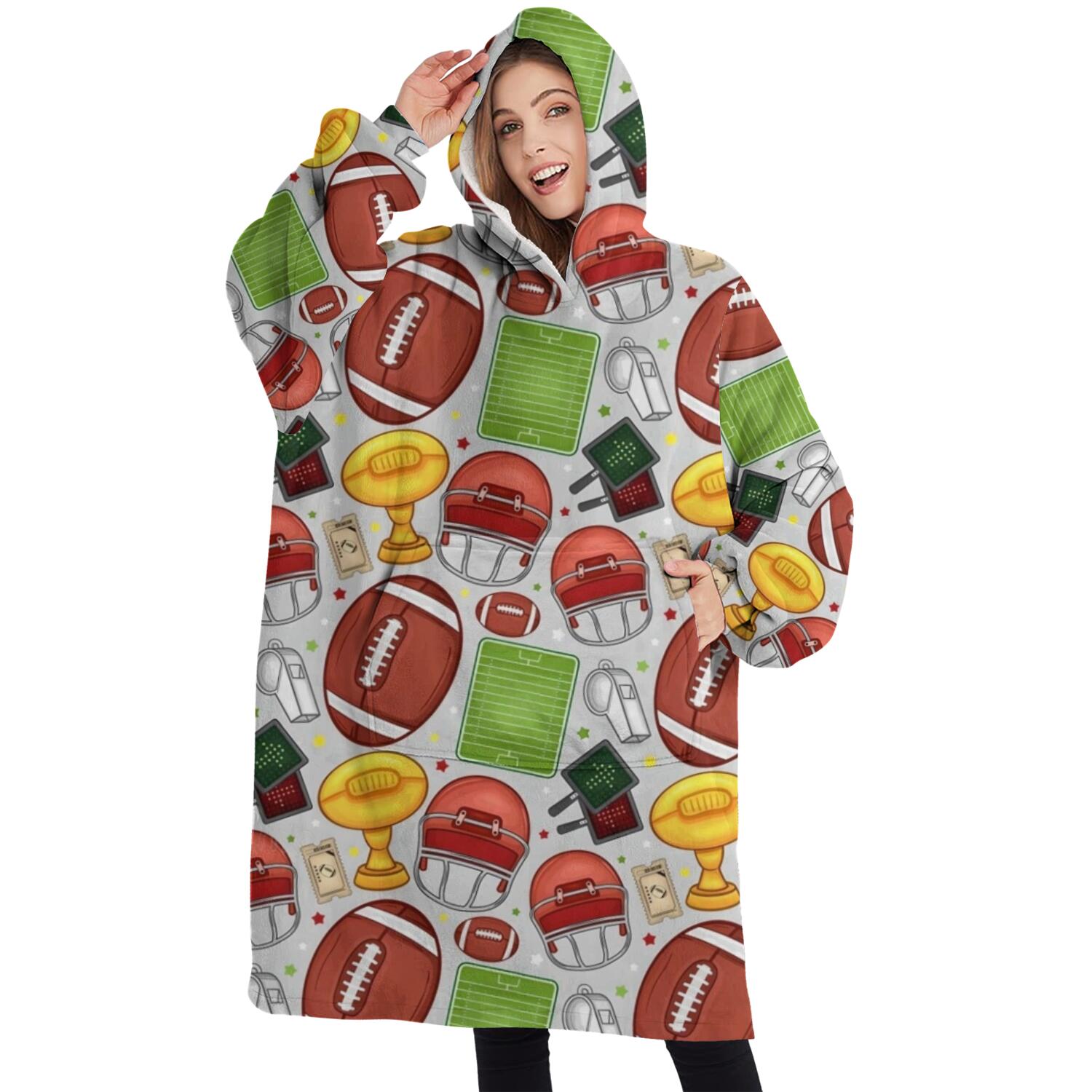 Oversized Wearable Blanket Hoodie,Gray Football Elements Pattern Sherpa Blanket Hoodie with Super Pockets,Super Warm Fuzzy Pullover for Women & Men