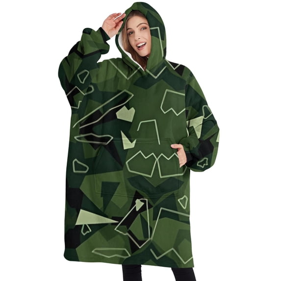 Oversized Wearable Blanket Hoodie,Gray Green Camo Textured Pattern Sherpa Blanket Hoodie with Super Pockets,Super Warm Fuzzy Pullover for Women & Men