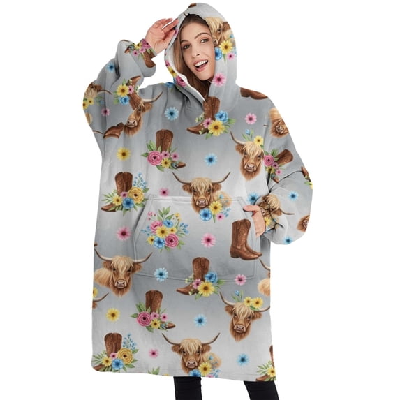 Oversized Wearable Blanket Hoodie,Gray Highland Cow Flower Boot Pattern Sherpa Blanket Hoodie with Super Pockets,Super Warm Fuzzy Pullover for Women & Men