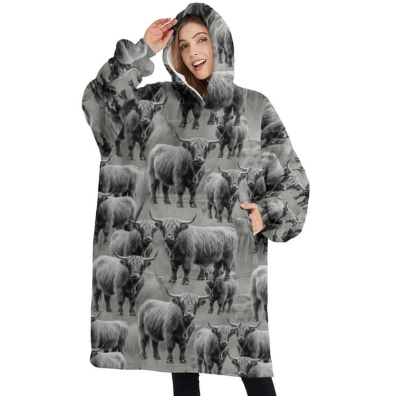 Oversized Wearable Blanket Hoodie,Gray Highland Cow Group Pattern Sherpa Blanket Hoodie with Super Pockets,Super Warm Fuzzy Pullover for Women & Men