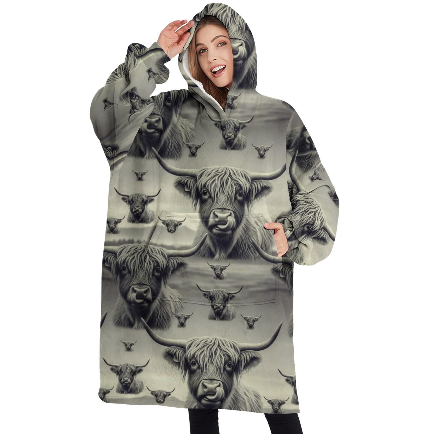 Oversized Wearable Blanket Hoodie,Gray Highland Cow Layer Pattern Sherpa Blanket Hoodie with Super Pockets,Super Warm Fuzzy Pullover for Women & Men