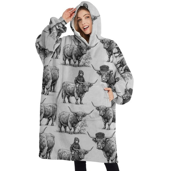 Oversized Wearable Blanket Hoodie,Gray Highland Cow Person Pattern Sherpa Blanket Hoodie with Super Pockets,Super Warm Fuzzy Pullover for Women & Men