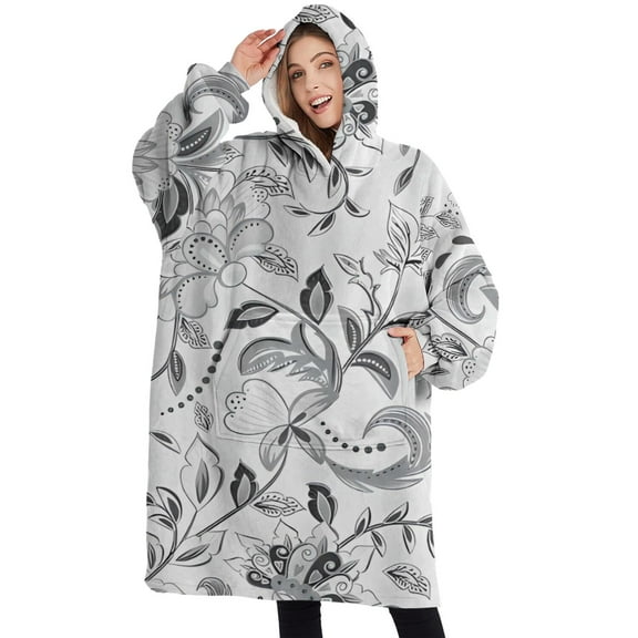 Oversized Wearable Blanket Hoodie,Gray Pioneer Flower Pattern Sherpa Blanket Hoodie with Super Pockets,Super Warm Fuzzy Pullover for Women & Men