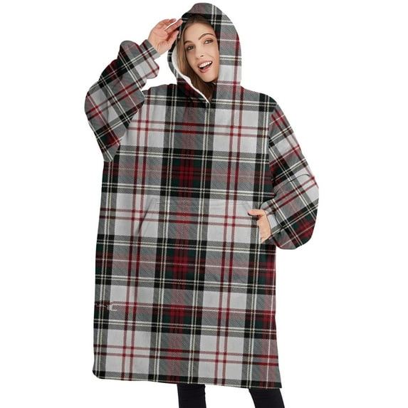 Oversized Wearable Blanket Hoodie,Gray Red Plaid Checkered Pattern Sherpa Blanket Hoodie with Super Pockets,Super Warm Fuzzy Pullover for Women & Men