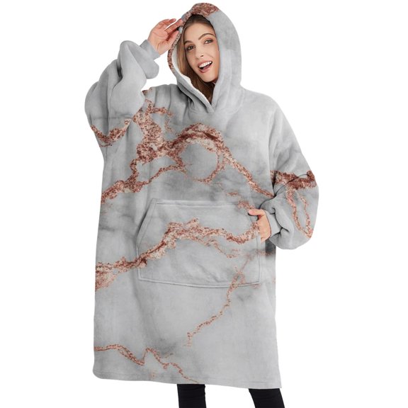 Oversized Wearable Blanket Hoodie,Gray Rose Gold Marble Pattern Sherpa Blanket Hoodie with Super Pockets,Super Warm Fuzzy Pullover for Women & Men