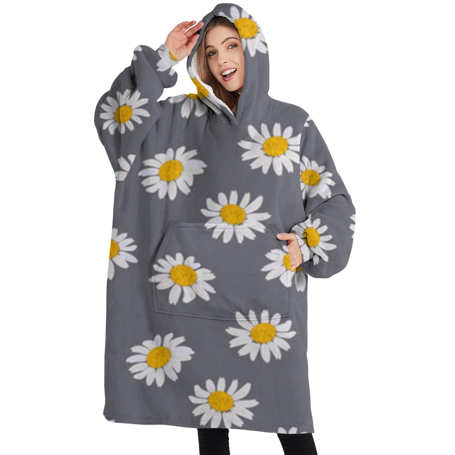 Oversized Wearable Blanket Hoodie,Gray White Flower Pattern Sherpa Blanket Hoodie with Super Pockets,Super Warm Fuzzy Pullover for Women & Men