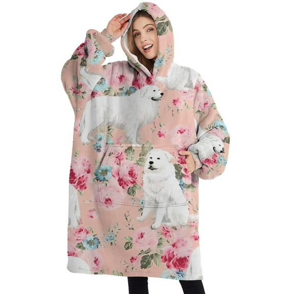 Oversized Wearable Blanket Hoodie,Great Pyrenees Dog and Pioneer Flower Sherpa Blanket Hoodie with Super Pockets,Super Warm Fuzzy Pullover for Women & Men