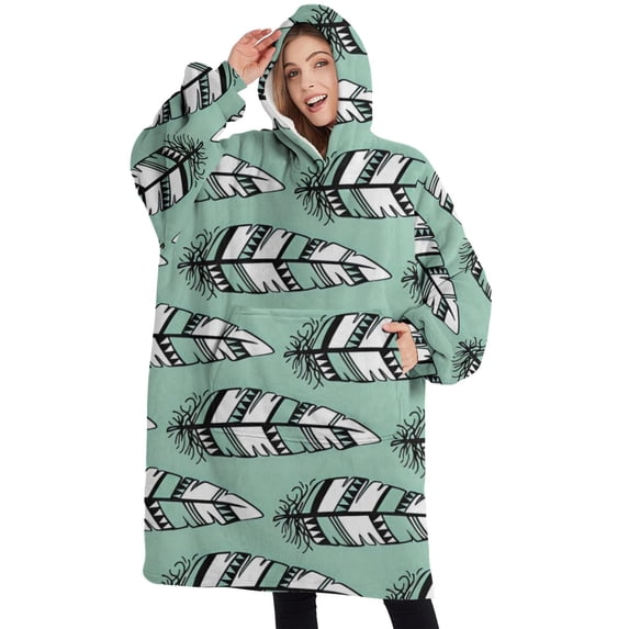 Oversized Wearable Blanket Hoodie,Green - Based Black and White Geometric Feather Pattern Sherpa Blanket Hoodie with Super Pockets,Super Warm Fuzzy Pullover for Women & Men