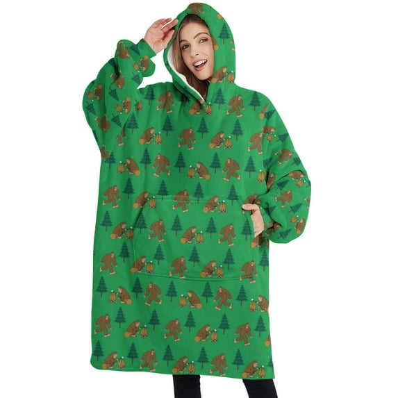 Oversized Wearable Blanket Hoodie,Green Bigfoot and Campfire Pattern Sherpa Blanket Hoodie with Super Pockets,Super Warm Fuzzy Pullover for Women & Men