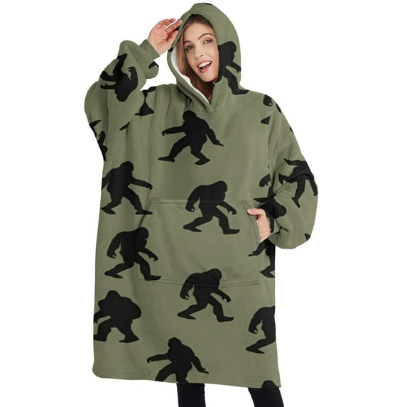 Oversized Wearable Blanket Hoodie,Green Bigfoot Pattern Sherpa Blanket Hoodie with Super Pockets,Super Warm Fuzzy Pullover for Women & Men