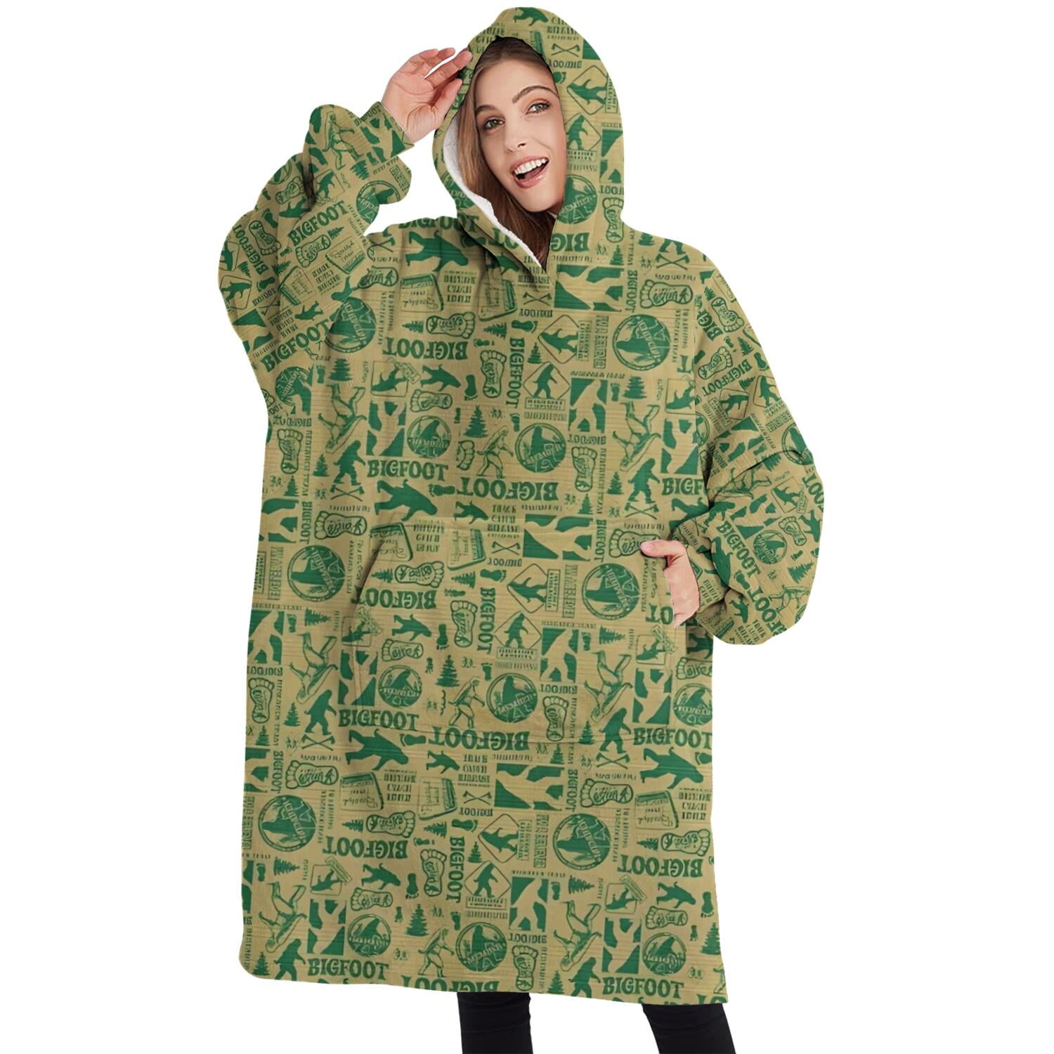 Oversized Wearable Blanket Hoodie,Green Bigfoot and Text Pattern Sherpa Blanket Hoodie with Super Pockets,Super Warm Fuzzy Pullover for Women & Men