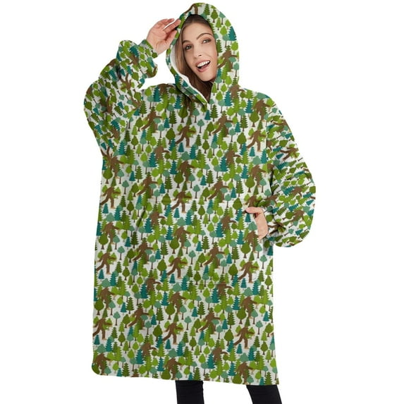 Oversized Wearable Blanket Hoodie,Green Bigfoot and Tree Pattern Sherpa Blanket Hoodie with Super Pockets,Super Warm Fuzzy Pullover for Women & Men