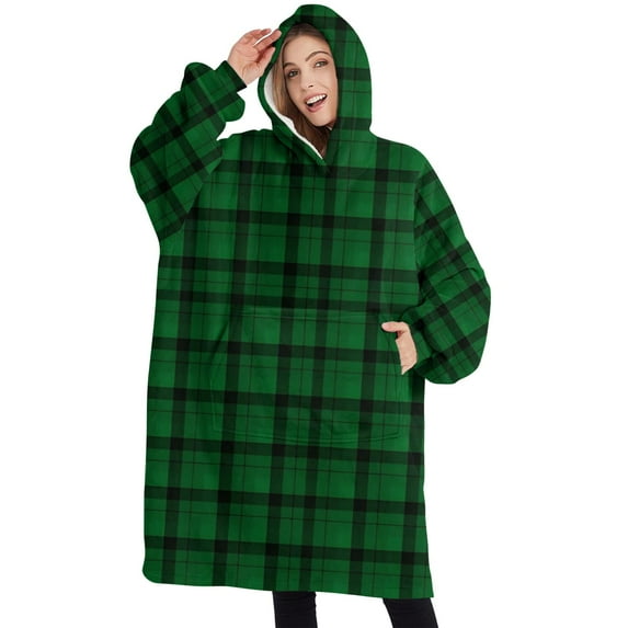 Oversized Wearable Blanket Hoodie,Green Black Checkerboard Checkered Pattern Sherpa Blanket Hoodie with Super Pockets,Super Warm Fuzzy Pullover for Women & Men