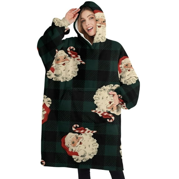 Oversized Wearable Blanket Hoodie,Green and Black Christmas Plaid Santa Pattern Sherpa Blanket Hoodie with Super Pockets,Super Warm Fuzzy Pullover for Women & Men