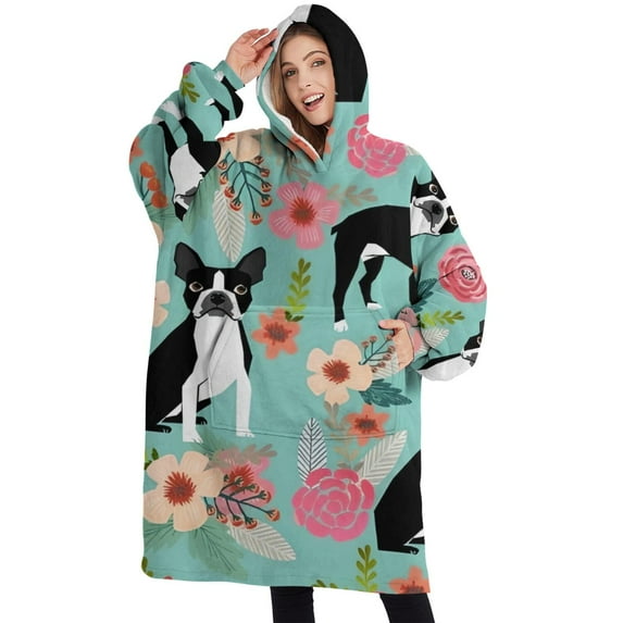 Oversized Wearable Blanket Hoodie,Green Boston Terrier and Flower Sherpa Blanket Hoodie with Super Pockets,Super Warm Fuzzy Pullover for Women & Men