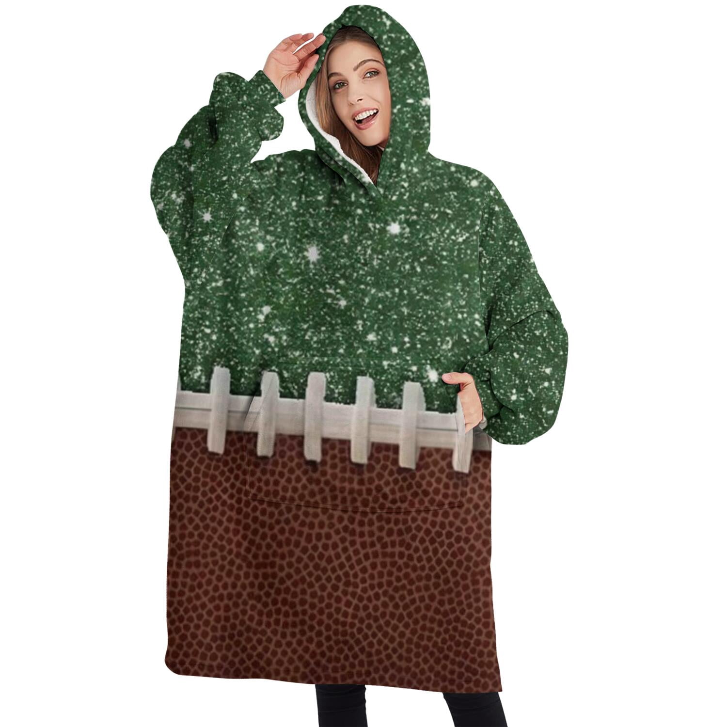 Oversized Wearable Blanket Hoodie,Green and Brown Football Stitch Pattern Sherpa Blanket Hoodie with Super Pockets,Super Warm Fuzzy Pullover for Women & Men