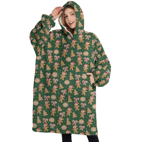 Oversized Wearable Blanket Hoodie,Green Christmas Gingerbread and Tree Pattern Sherpa Blanket Hoodie with Super Pockets,Super Warm Fuzzy Pullover for Women & Men