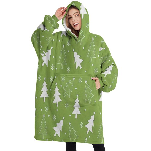 Oversized Wearable Blanket Hoodie,Green Christmas Tree Pattern Sherpa Blanket Hoodie with Super Pockets,Super Warm Fuzzy Pullover for Women & Men