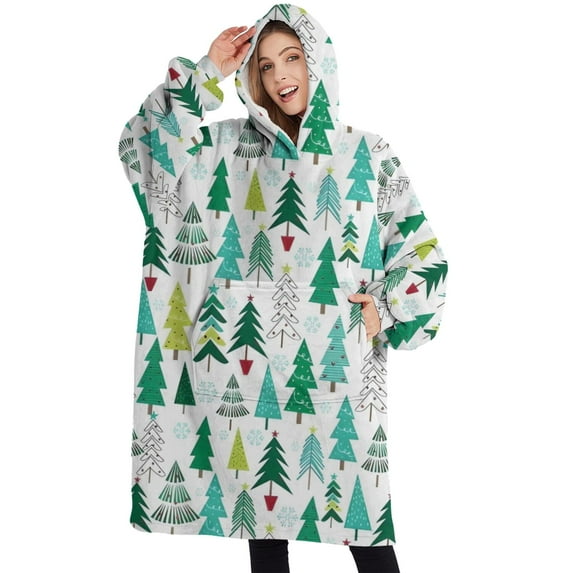 Oversized Wearable Blanket Hoodie,Green Christmas Tree Pattern Sherpa Blanket Hoodie with Super Pockets,Super Warm Fuzzy Pullover for Women & Men