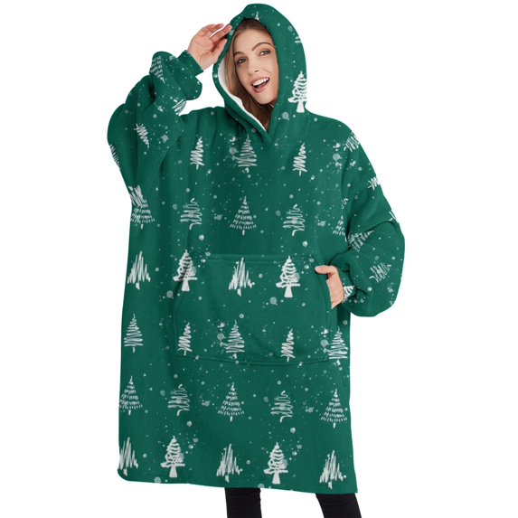 Oversized Wearable Blanket Hoodie,Green Christmas Tree and Snow Pattern Sherpa Blanket Hoodie with Super Pockets,Super Warm Fuzzy Pullover for Women & Men