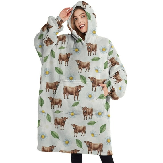 Oversized Wearable Blanket Hoodie,Green Cow Daisy Leaf Pattern Sherpa Blanket Hoodie with Super Pockets,Super Warm Fuzzy Pullover for Women & Men