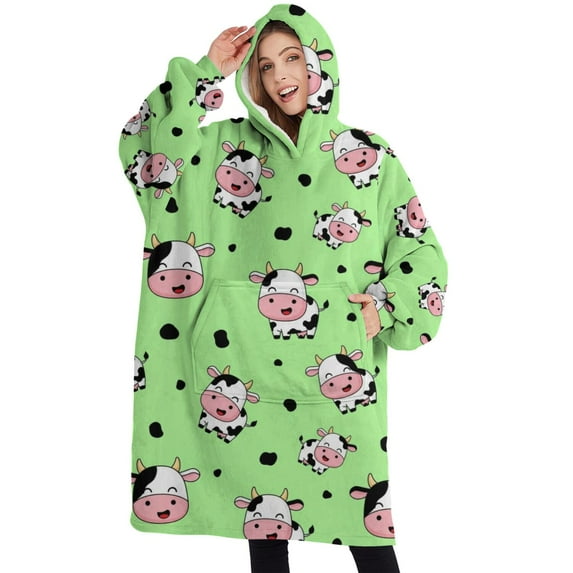 Oversized Wearable Blanket Hoodie,Green Cow Spot Pattern Sherpa Blanket Hoodie with Super Pockets,Super Warm Fuzzy Pullover for Women & Men
