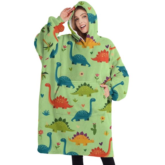 Oversized Wearable Blanket Hoodie,Green Dinosaurs Cacti Hearts Sherpa Blanket Hoodie with Super Pockets,Super Warm Fuzzy Pullover for Women & Men