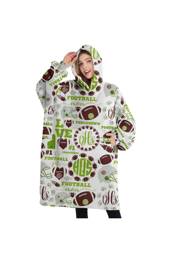 Oversized Wearable Blanket Hoodie,Green Football Monogram Pattern Sherpa Blanket Hoodie with Super Pockets,Super Warm Fuzzy Pullover for Women & Men