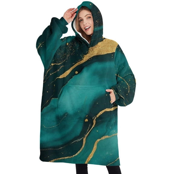 Oversized Wearable Blanket Hoodie,Green and Gold Marble Glitter Waves Pattern Sherpa Blanket Hoodie with Super Pockets,Super Warm Fuzzy Pullover for Women & Men
