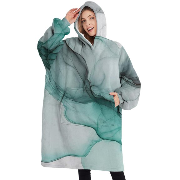 Oversized Wearable Blanket Hoodie,Green Gray Marble Pattern Sherpa Blanket Hoodie with Super Pockets,Super Warm Fuzzy Pullover for Women & Men