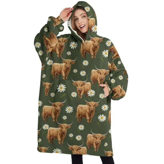 Oversized Wearable Blanket Hoodie,Green Highland Cow Daisy Pattern Sherpa Blanket Hoodie with Super Pockets,Super Warm Fuzzy Pullover for Women & Men