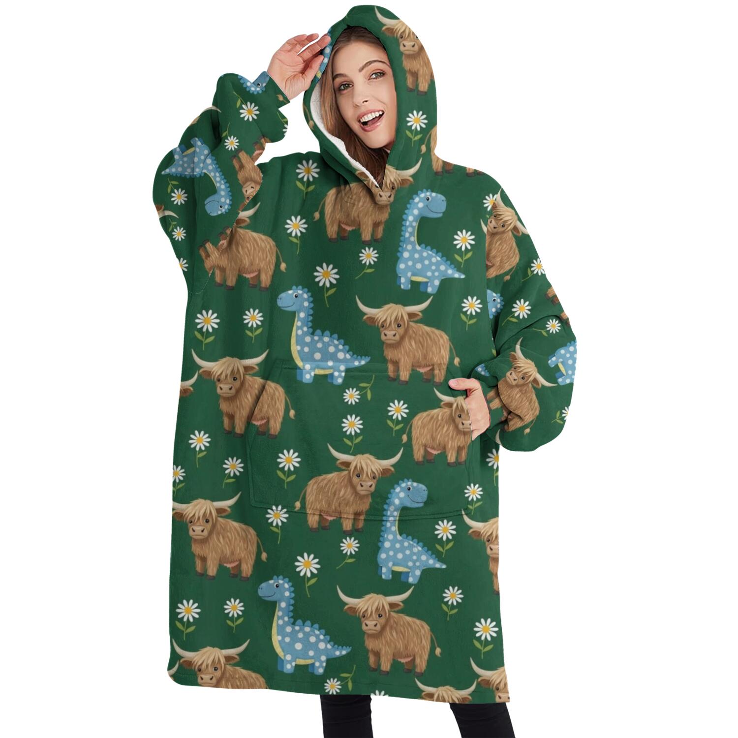 Oversized Wearable Blanket Hoodie,Green Highland Cow Dinosaur Pattern Sherpa Blanket Hoodie with Super Pockets,Super Warm Fuzzy Pullover for Women & Men