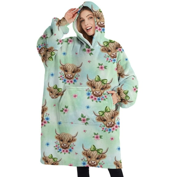 Oversized Wearable Blanket Hoodie,Green Highland Cow Flower Pattern Sherpa Blanket Hoodie with Super Pockets,Super Warm Fuzzy Pullover for Women & Men