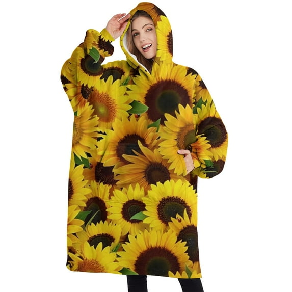 Oversized Wearable Blanket Hoodie,Green Leaf Sunflower Pattern Sherpa Blanket Hoodie with Super Pockets,Super Warm Fuzzy Pullover for Women & Men