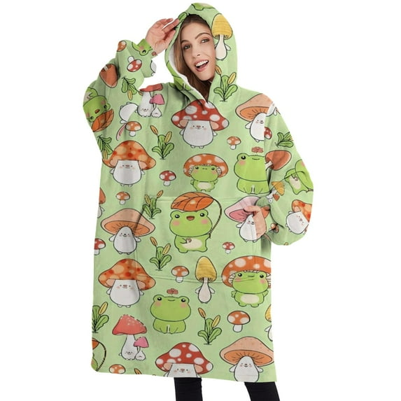 Oversized Wearable Blanket Hoodie,Green Mushroom Frog Green Pattern Sherpa Blanket Hoodie with Super Pockets,Super Warm Fuzzy Pullover for Women & Men